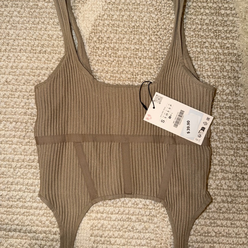 Zara Ribbed Tank Bodysuit in Taupe